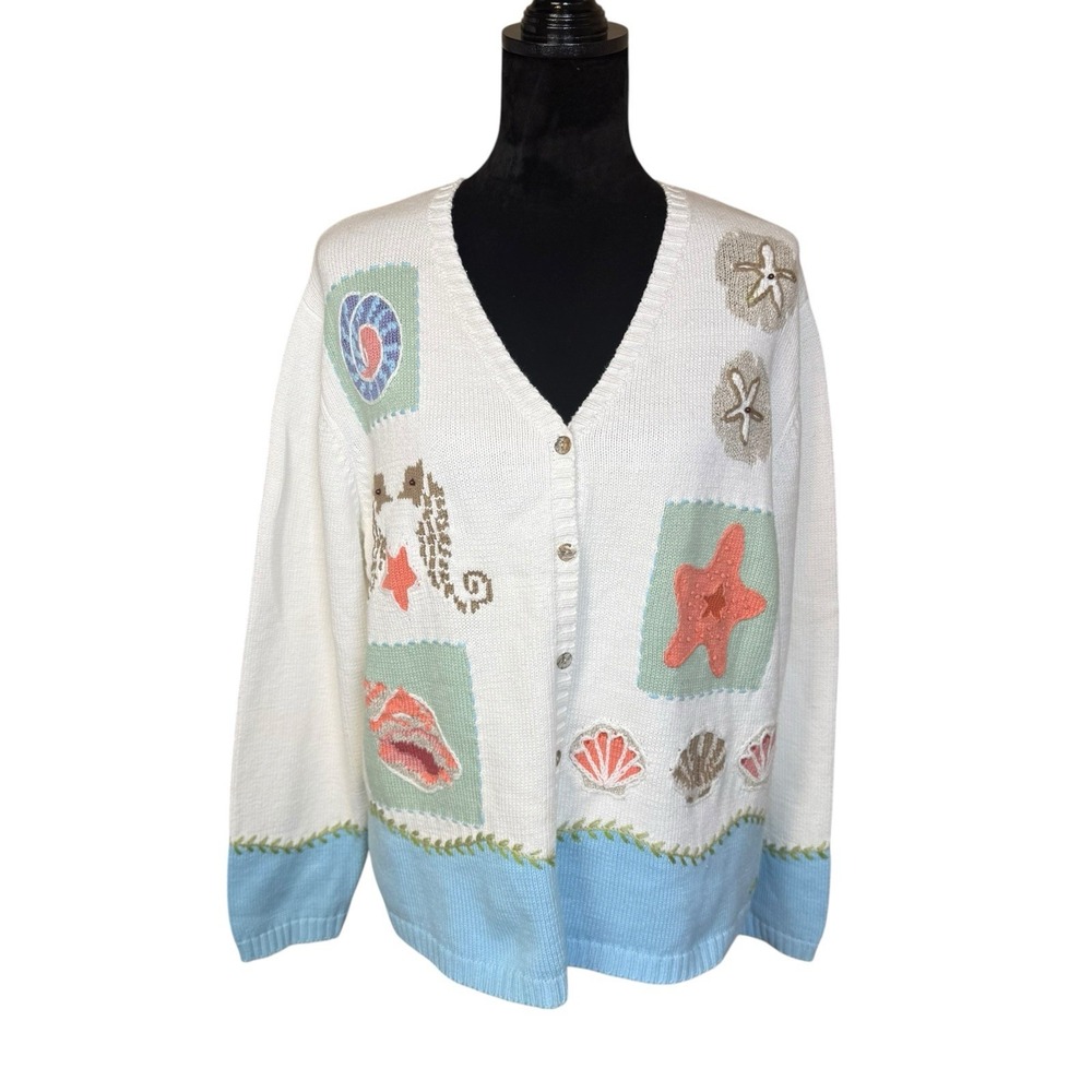 Vtg Claire Murray Coastal Sea Life Novelty Knit Cardigan XL Beach Nautical